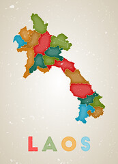 Laos map. Country poster with colored regions. Old grunge texture. Vector illustration of Laos with country name.