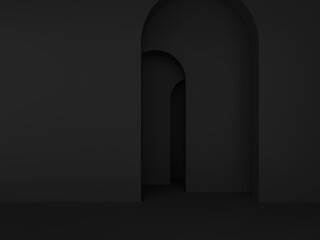 Black abstract architectural minimal background with arched wall niche; simple dark geometric composition; 3d rendering, 3d illustration