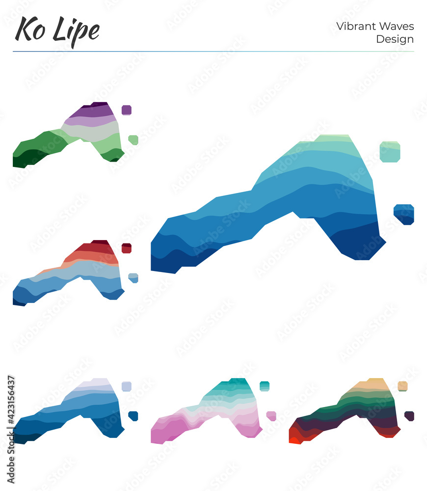 Poster set of vector maps of ko lipe. vibrant waves design. bright map of the island in geometric smooth cu