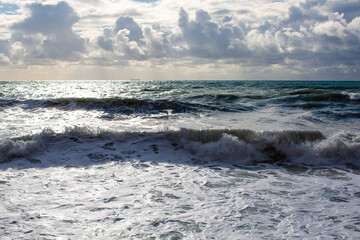 Blue big waves on the sea