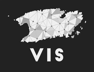 Vis - communication network map of island. Vis trendy geometric design on dark background. Technology, internet, network, telecommunication concept. Vector illustration.