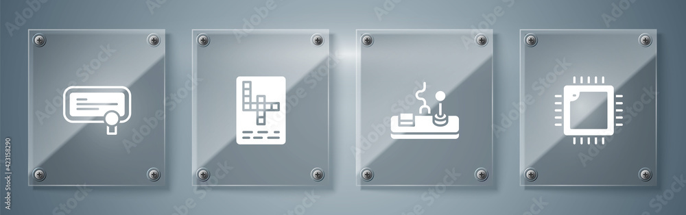 Poster Set Processor with CPU, Gamepad, Crossword and Certificate template. Square glass panels. Vector