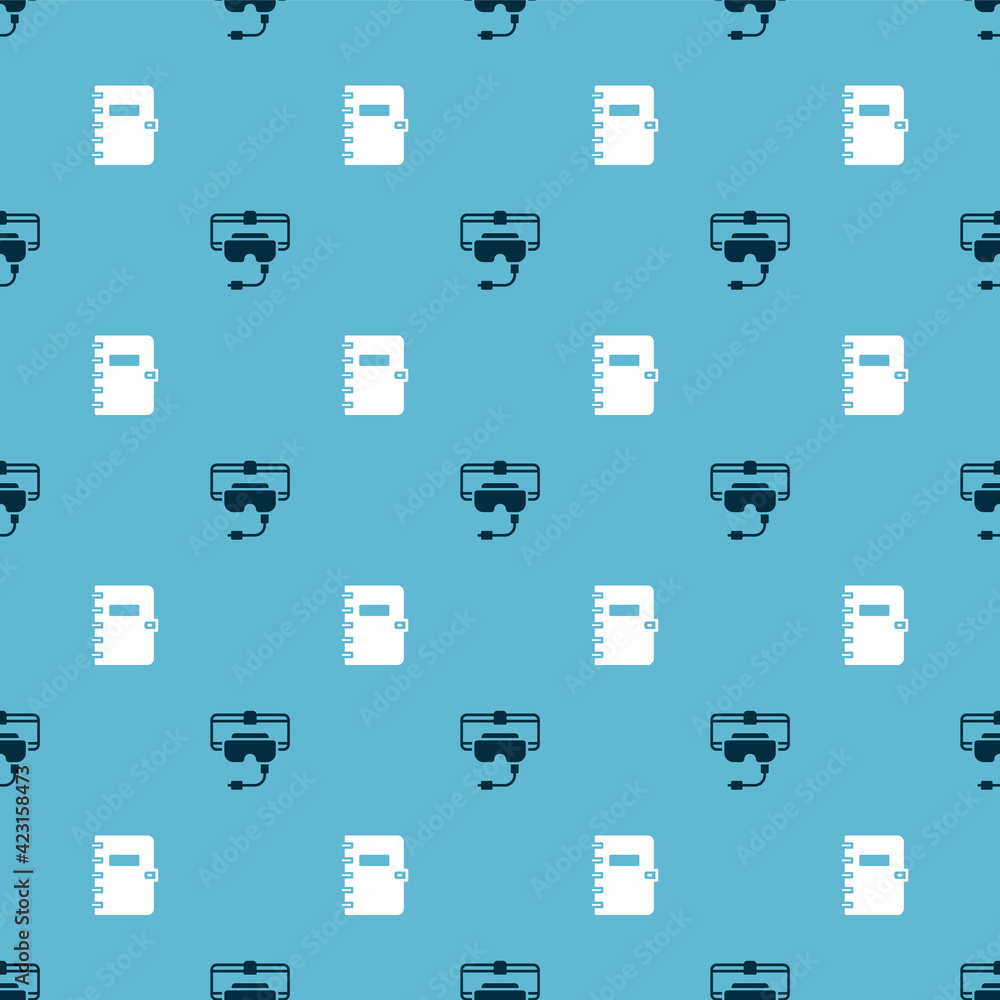Poster set virtual reality glasses and spiral notebook on seamless pattern. vector