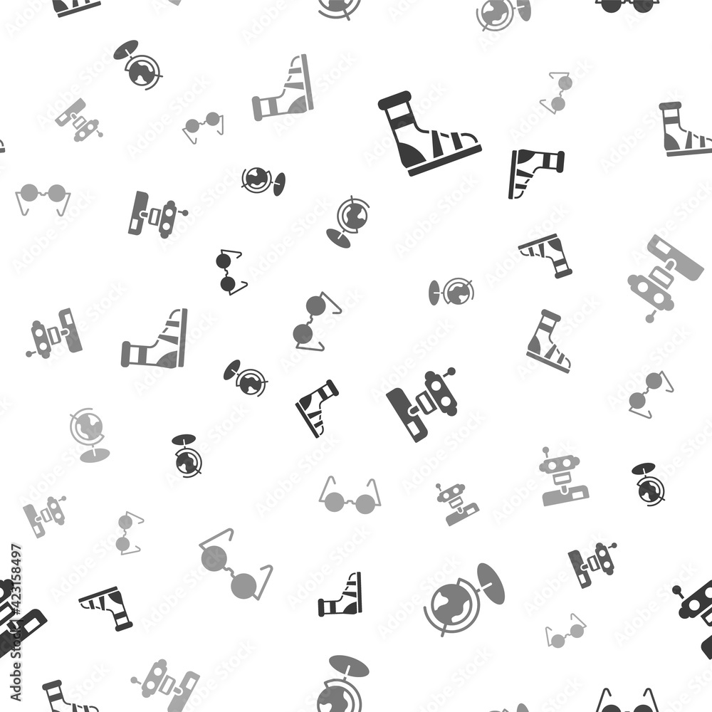 Poster set slippers with socks, earth globe, robot and eyeglasses on seamless pattern. vector