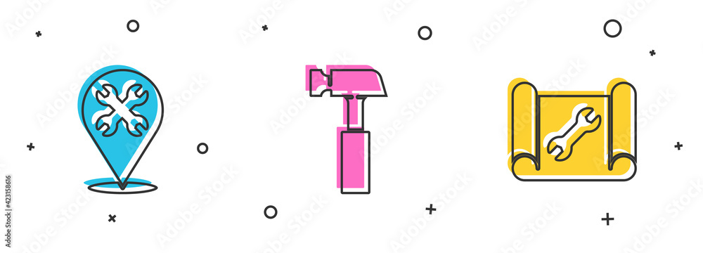 Poster set location with wrench, hammer and graphing paper and icon. vector