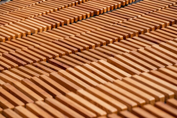 Lots of wooden rounded benches in an empty amphitheater outside in the sunshine by day 