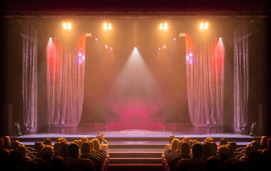 theater scene, stage light with colored spotlights and smoke
