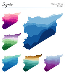 Set of vector maps of Syria. Vibrant waves design. Bright map of the country in geometric smooth curves style. Multicolored Syria map for your design. Astonishing vector illustration.