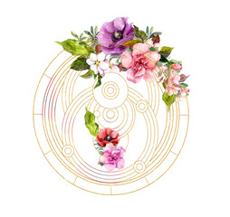 Flowers with golden esoteric circles. Watercolor for sacred magic, mysticism, yoga