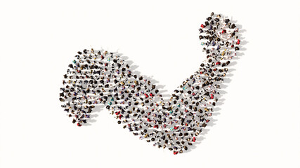 Concept or conceptual large gathering of people forming the image of a healthy and muscular arm. A 3d illustration metaphor for bodybuilding, athlete, fitness, sport, strenght,  power, diet or anatomy