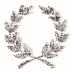 Concept conceptual large community of people forming an laurel wreaths image on white background. A 3d illustration metaphor for victory, winning, success, achievement, triumph, celebration or royal