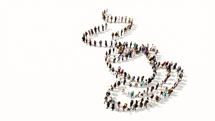 Concept conceptual large community of people forming the image of a hot cup of coffee, cappuccino or espresso on white background. A 3d illustration metaphor for morning, restaurant, break or energy