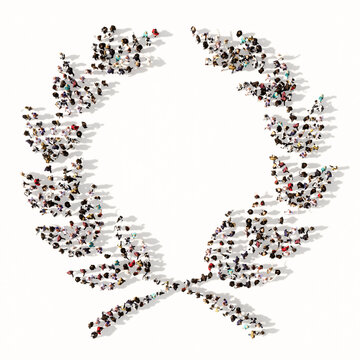 Concept conceptual large community of people forming an laurel wreaths image on white background. A 3d illustration metaphor for victory, winning, success, achievement, triumph, celebration or royal