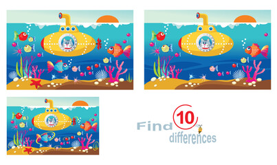 The cat is a traveler. Find 10 differences, vector image.
