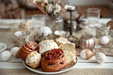 Close up of homemade cakes on a decorated table for the Easter holiday.