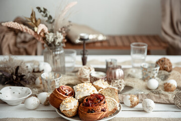 Close up of homemade cakes on a decorated table for the Easter holiday.