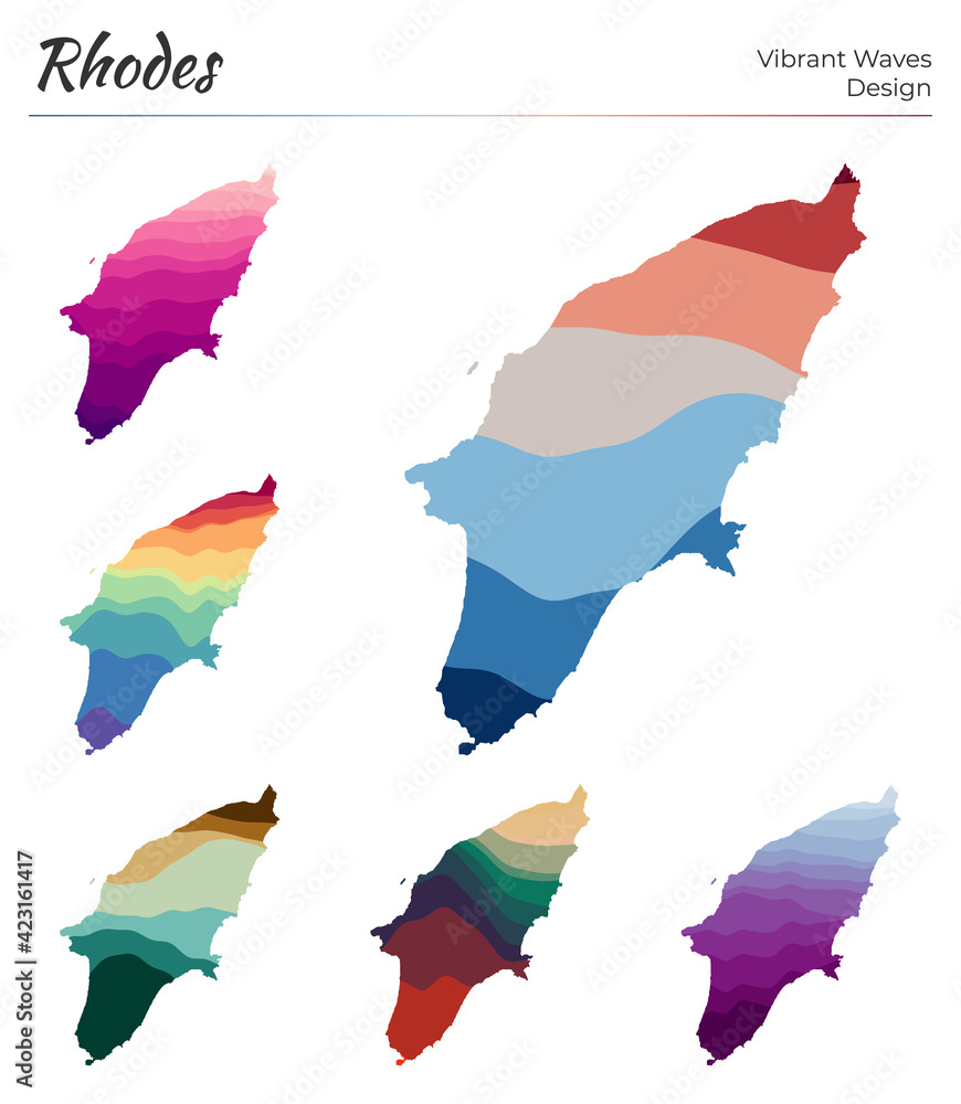 Poster Set of vector maps of Rhodes. Vibrant waves design. Bright map of island in geometric smooth curves style. Multicolored Rhodes map for your design. Artistic vector illustration.