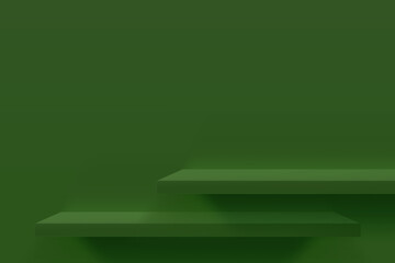 3d vector illustration of green empty shelfs on green wall. Minimal mockup design for product presentation.