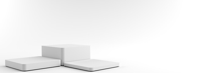 3D rendering of Square white Pedestal is overlapping, Podium for display product on the white floor. Pedestal can be used for advertising, Isolated on white background, Minimalist white, illustration.