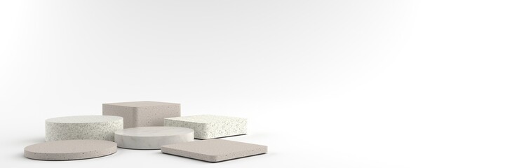 3D rendering of Round and Square marble Pedestal, Podium for display product on the white floor. Pedestal can be used for advertising, Isolated on white background, Product Presentation, illustration.