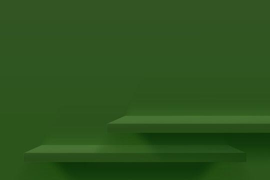 3d vector illustration of green empty shelfs on green wall. Minimal mockup design for product presentation. © ludmila_m