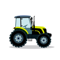 Flat tractor on a white background. Light green tractor icon - vector illustration. Agricultural tractor - farm transport in flat style. Farm tractor icon illustration