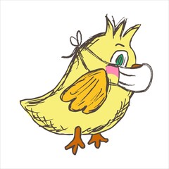 Side view of cartoon chick wearing protective face mask. Vector kids character. Coronavirus protection concept
