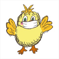 Yellow little chicken in a protective face mask raised its wings up. Vector kids character. Easter holidays concept during Covid-19 pandemic