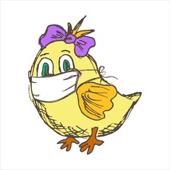 Female chick with a bow on the head wearing a protective face mask. Vector kids character. Easter holidays concept during Covid-19 pandemic