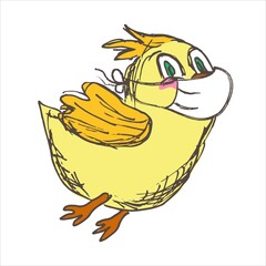 Small yellow chicken wearing a protective medical face mask trying to fly. Vector kids character.  Coronavirus protection concept