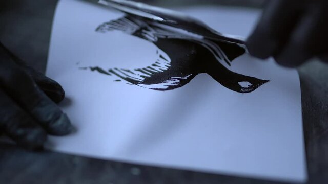 Lithograph or linocut concept. Man in black gloves making lithograph bird imprint on paper. Hand made professional artist. 4k footage
