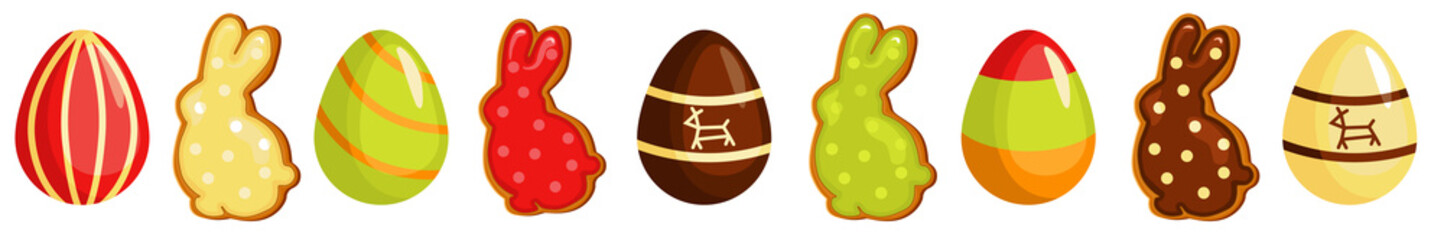 Easter holiday seamless border, with Easter eggs and gingerbread cookies. Vector illustration