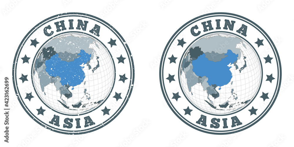 Poster china round logos. circular badges of country with map of china in world context. plain and textured
