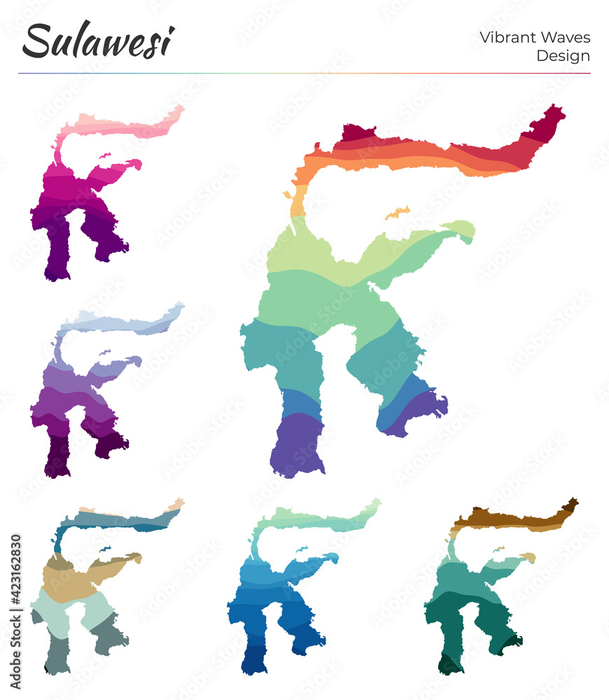 Poster set of vector maps of sulawesi. vibrant waves design. bright map of island in geometric smooth curve