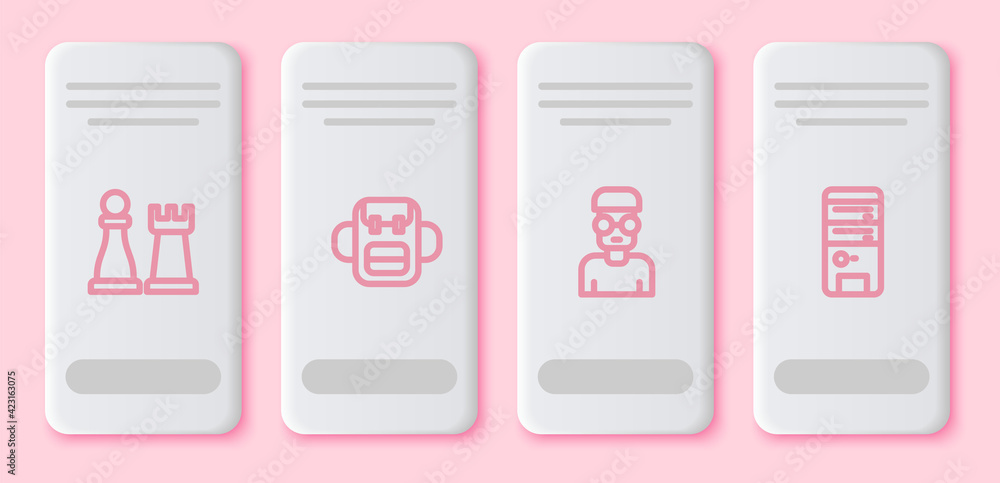 Poster set line chess, school backpack, nerd geek and computer. white rectangle button. vector