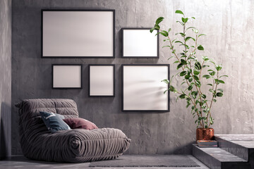 Minimal. grey living room interior with black fabric armchair, plants and frames on grey wall background.3d rendering.
