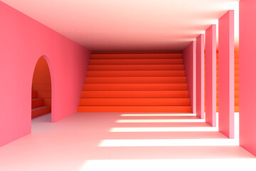 Arch and stairs in trendy minimal interior. 3d render illustration in modern geometric style