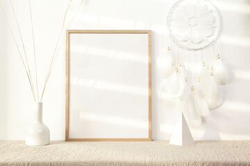 Wooden photo frame mockup with white dream catcher