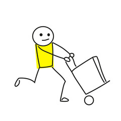 Stick figure delivers something using a cart.
