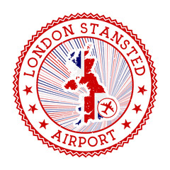 London Stansted Airport stamp. Airport logo vector illustration. London airport with country flag.