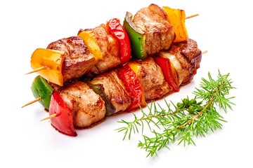 Shish kebab, BBQ meat, Isolated on white background. High resolution image.