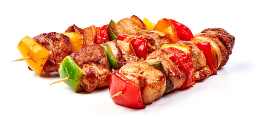 Shish kebab, BBQ meat, Isolated on white background. High resolution image.