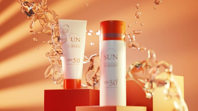 Sunscreen bottles on podium in splash water, uv protection. Cosmetic white plastic tube with orange cap in wave drops, product ad presentation on stage in sunshine, skin care. Packaging design, promo.
