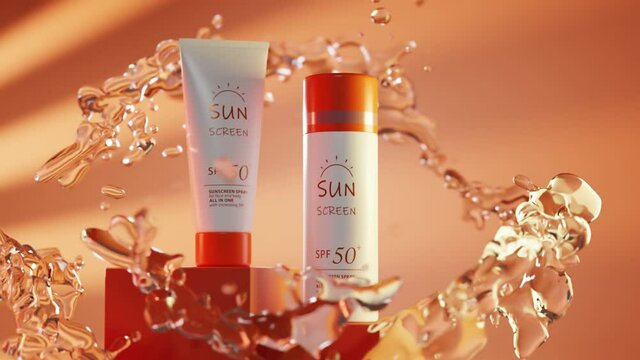 UV protection spf 50 sunscreen bottle on podium, beauty skin care cosmetic white tube with orange cap on block, cream or lotion on summer solar background with swirl of water. Product packaging design