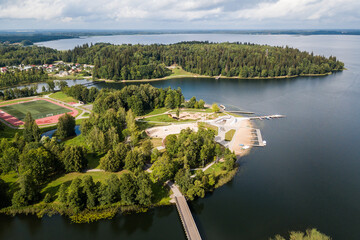 Aerial view over the Aluksne city, lake Aluksne and island, Latvia.