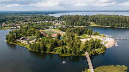 Aerial view over the Aluksne city, lake Aluksne and island, Latvia.