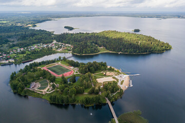 Fototapeta na wymiar Aerial view over the Aluksne city, lake Aluksne and island, Latvia.