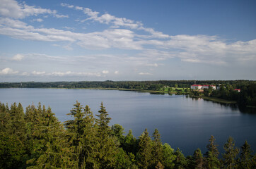 Beautiful view from the watching tower with Aluksne lake and tree tops. Aluksne, Latvia.