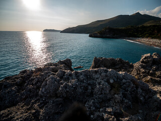 Capogrosso beach at sunset on the Tyrrhenian Sea near Marina di Camerota. Salerno, Campania, Italy