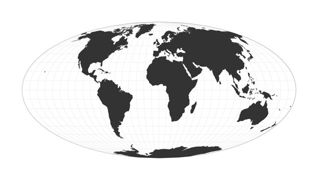 Map of The World. Equal-area, pseudocylindrical Mollweide projection. Globe with latitude and longitude net. World map on meridians and parallels background. Vector illustration.